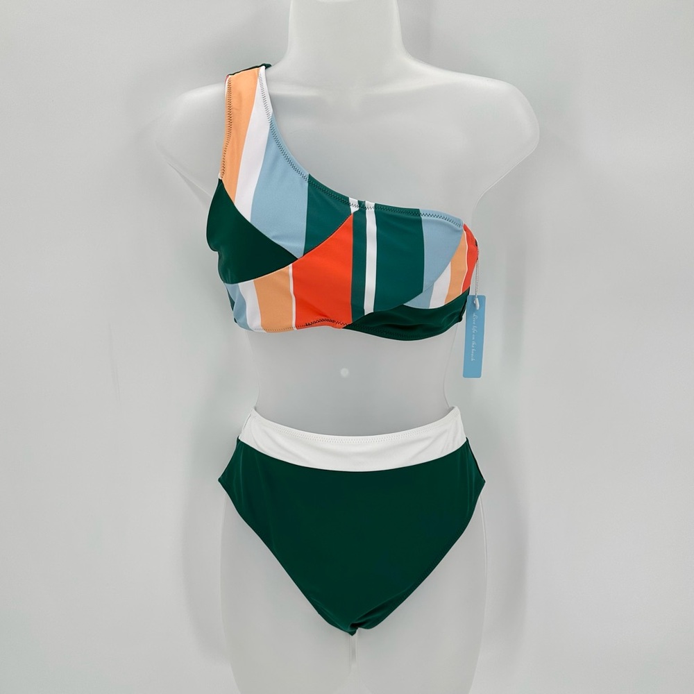 Bikini Set Geometric Print One Shoulder Women’s S High Waist 2 pc Swimsuit